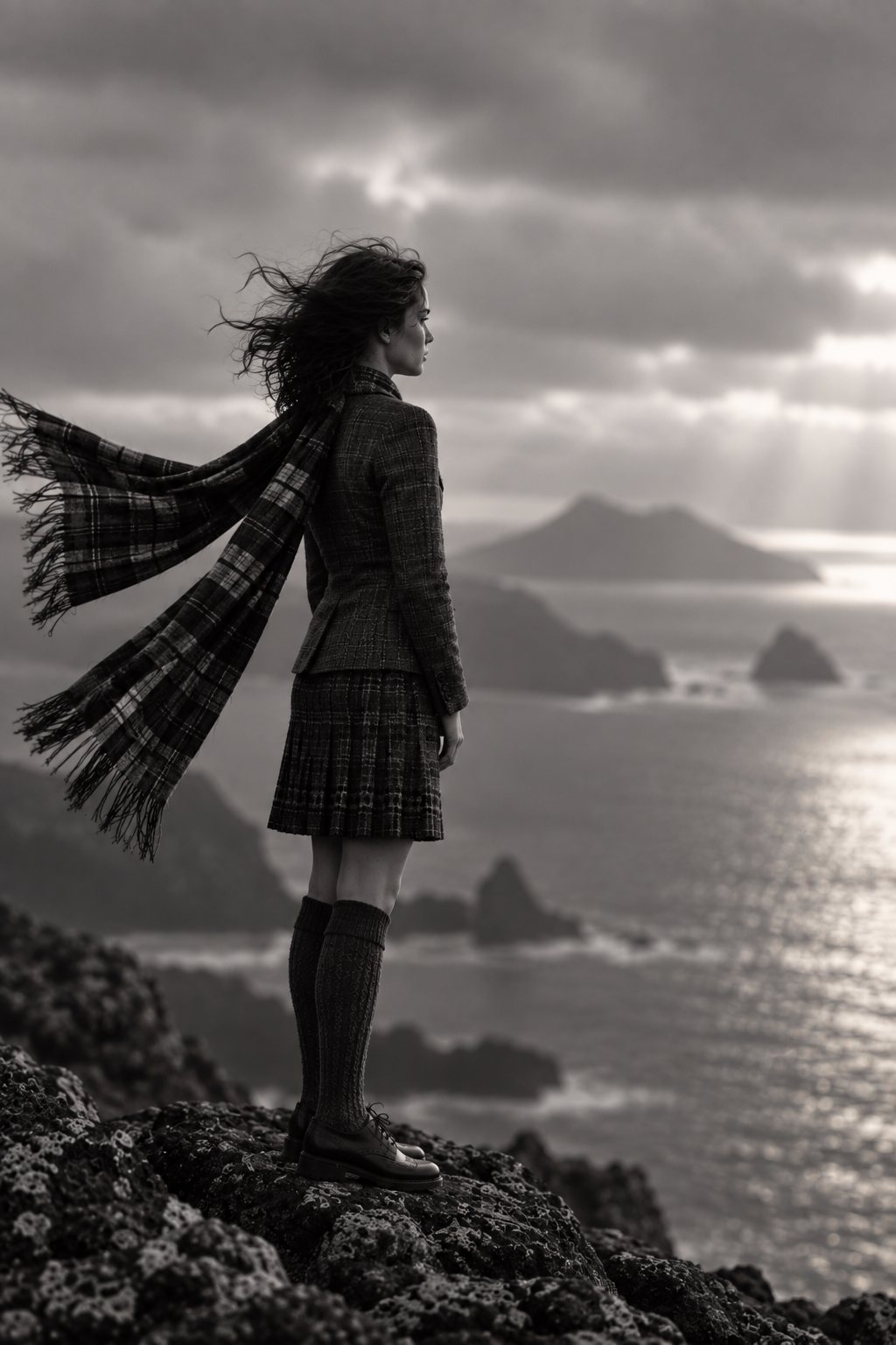 Woman in a tweed suit on a sea cliff, black and white